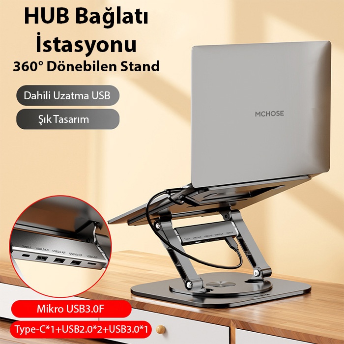 MC LS928HUB Masaüstü 360° Dönebilen Laptop Standı Hub