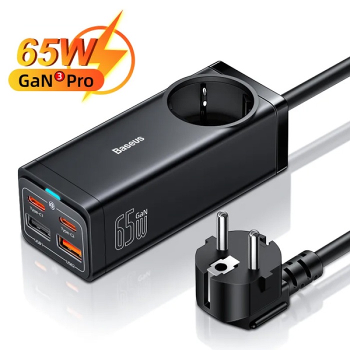 Baseus GaN3 Pro Powerstrip 65W Multifonksiyonel Type-C + USB + 240V Şarj Adaptörü Priz