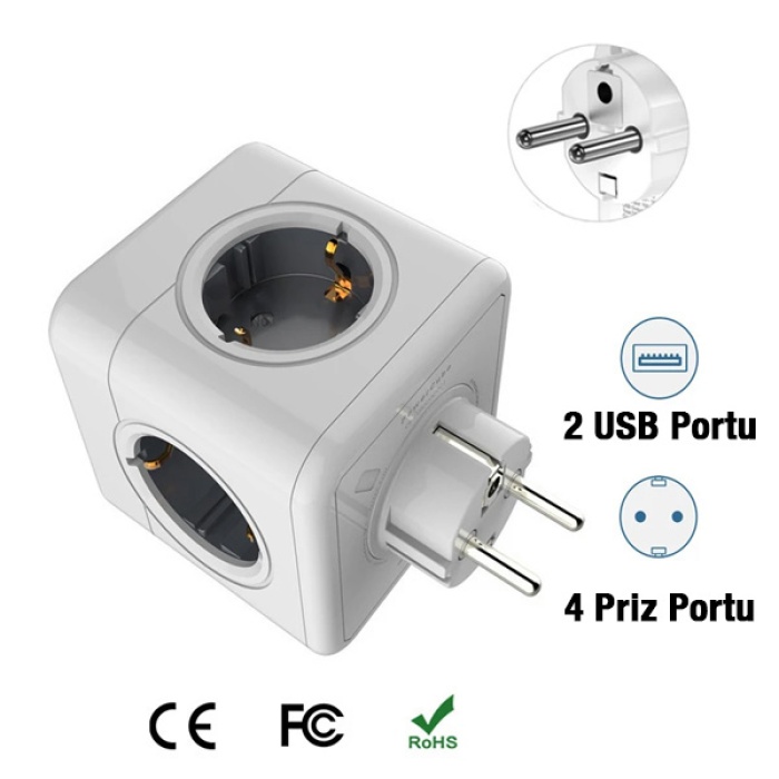 Powercube Dual USB 4 Kat Priz Dağıtıcı Ev ve Ofis için Çoklu Priz