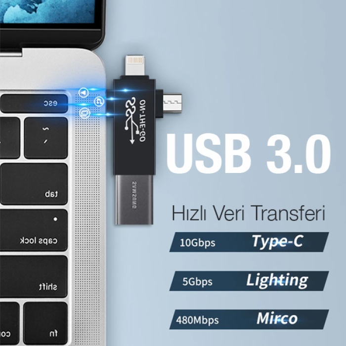 3in1 OTG Çevirici Dönüştürücü Adaptör Type-C + Micro USB + Lightning