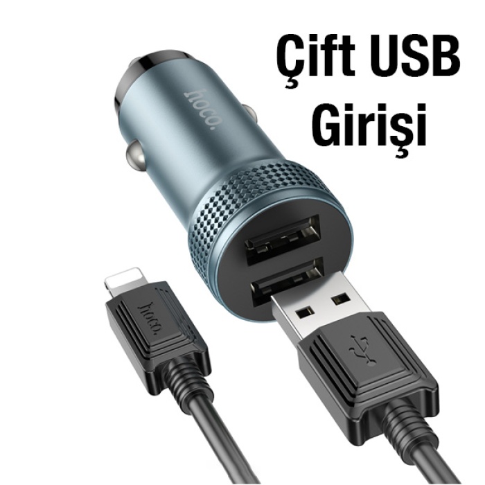 HOCO Z49 Çift USB Girişli Araç Şarj Başlık + USB To iPhone Lightning Kablo