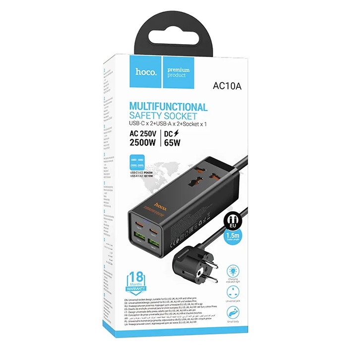 HOCO AC10A Barry 65W 2 Type-C + 2 USB+Priz Multifonksiyonel Şarj Aleti