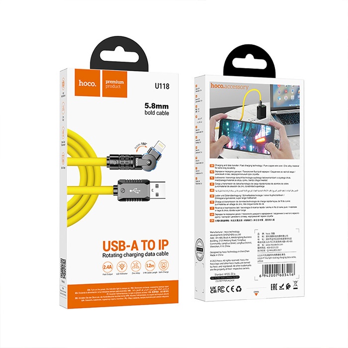 HOCO U118 Döner Başlıklı USB to iPhone Lightning Hızlı Şarj ve Veri Kablosu