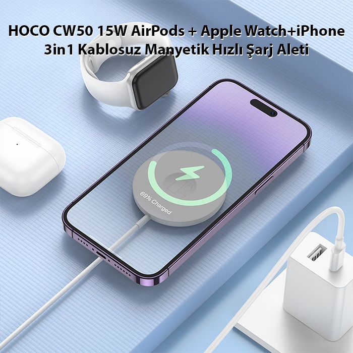 HOCO CW50 15W AirPods + Apple Watch+iPhone 3in1 Kablosuz Manyetik Hızlı Şarj Aleti