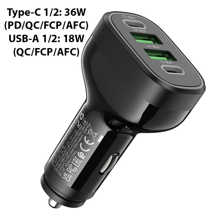 Hoco NZ11 PD72W 4 Portlu USB + Type-C Hızlı Şarj Araç Çakmaklı Şarj Aleti