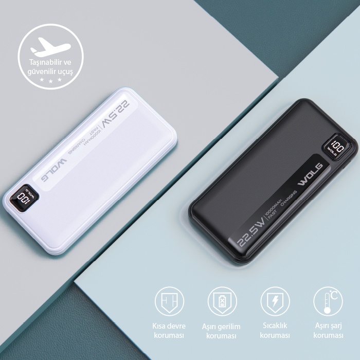 WOLG Q52 22.5W 20000 mAh Dijital Göstergeli Lightning & Type-C Kablolu Hızlı Şarj Powerbank