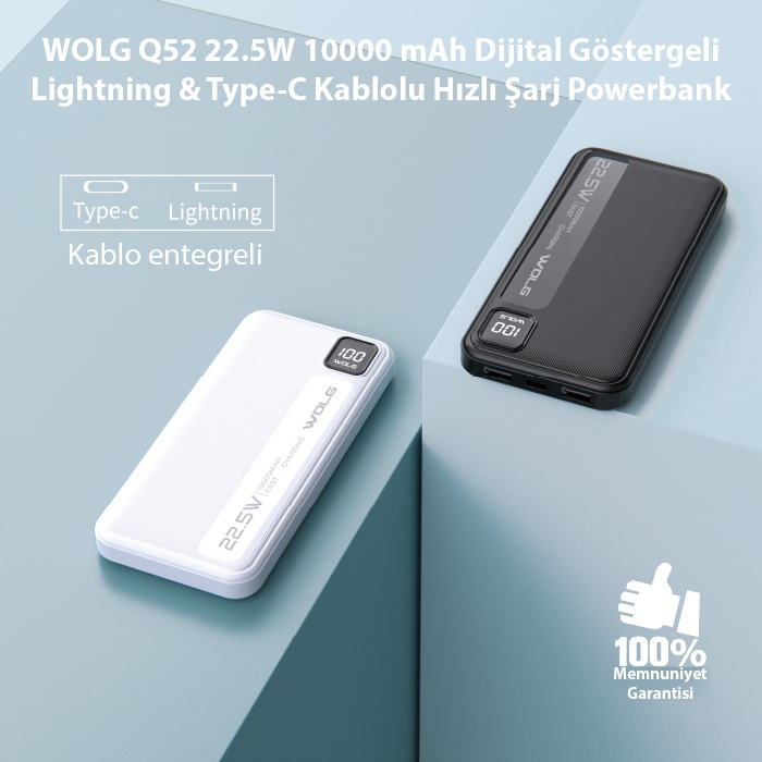 WOLG Q51 22.5W 10000 mAh Dijital Göstergeli Lightning & Type-C Kablolu Hızlı Şarj Powerbank