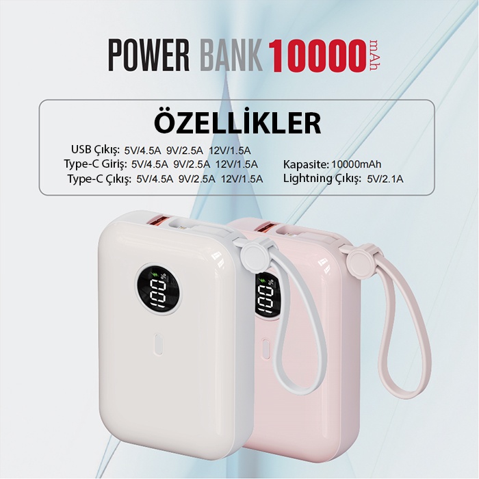 WOLG V36 22.5W 10000 mAh Dijital Göstergeli Lightning & Type-C Kablolu Hızlı Şarj Powerbank