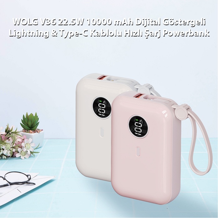 WOLG V36 22.5W 10000 mAh Dijital Göstergeli Lightning & Type-C Kablolu Hızlı Şarj Powerbank