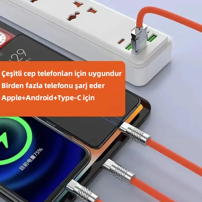 Universal 3 in 1 Usb to Type-C + Micro Usb + Lightning 120W Hızlı Şarj Kablosu