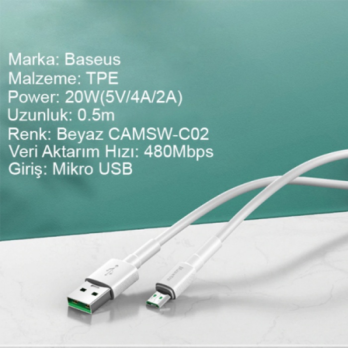 Baseus Mini White Micro USB 4A OPPO VIVO Dash Usb Şarj Kablosu 0.5cm