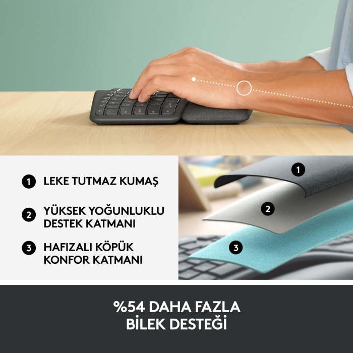 LOGİTECH K860 ERGONOMİK BİLEK DESTEKLİ TAM BOYUTLU KABLOSUZ TÜRKÇE KLAVYE - SİYAH