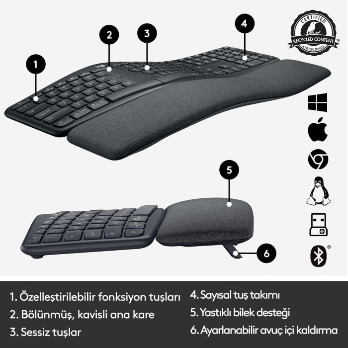 LOGİTECH K860 ERGONOMİK BİLEK DESTEKLİ TAM BOYUTLU KABLOSUZ TÜRKÇE KLAVYE - SİYAH