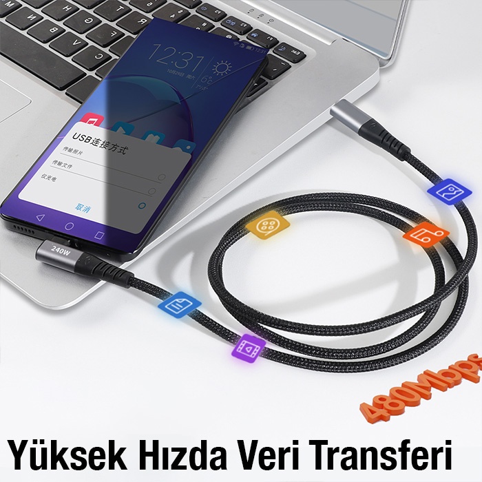 Universal 240W Type-C To Type-C Yatay Laptop-Telefon Hızlı Data ve Şarj Kablosu