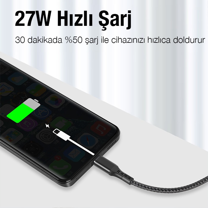 Universal 27W Type-C To iPhone Lightning Süper Hızlı Data ve Şarj Kablosu 1mt