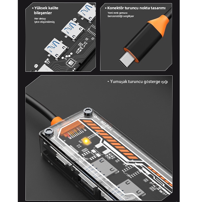 5in1 Type-c To USB3.0 + USB2.0 + Type-c PD 100W + HDMI + Ethernet Çoğaltıcı Transparan Hub