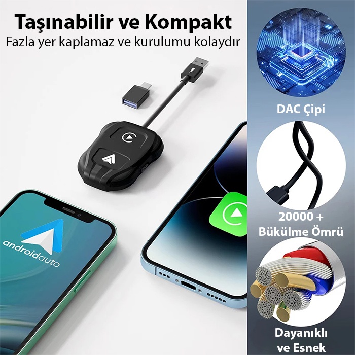 İPhone-Android Kablosuz Carplay Dongle 5Ghz Adaptör Çevirici USB+Type-C Adaptör