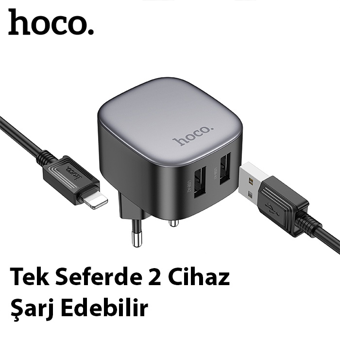 Hoco CS31A 2xUSB + Lightning Kablo Hızlı Şarj Adaptör Seti