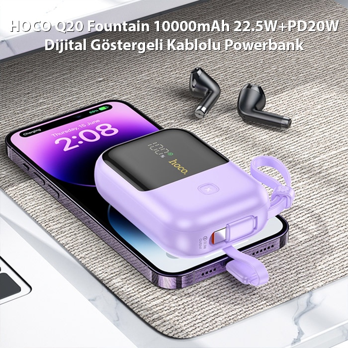 HOCO Q20 Fountain 10000mAh 22.5W+PD20W Dijital Göstergeli Kablolu Powerbank