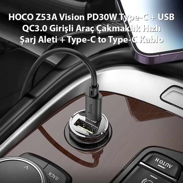 HOCO Z53A Vision PD30W Type-C + USB QC3.0 Girişli Araç Çakmaklık Hızlı Şarj Aleti + Type-C to Type-C