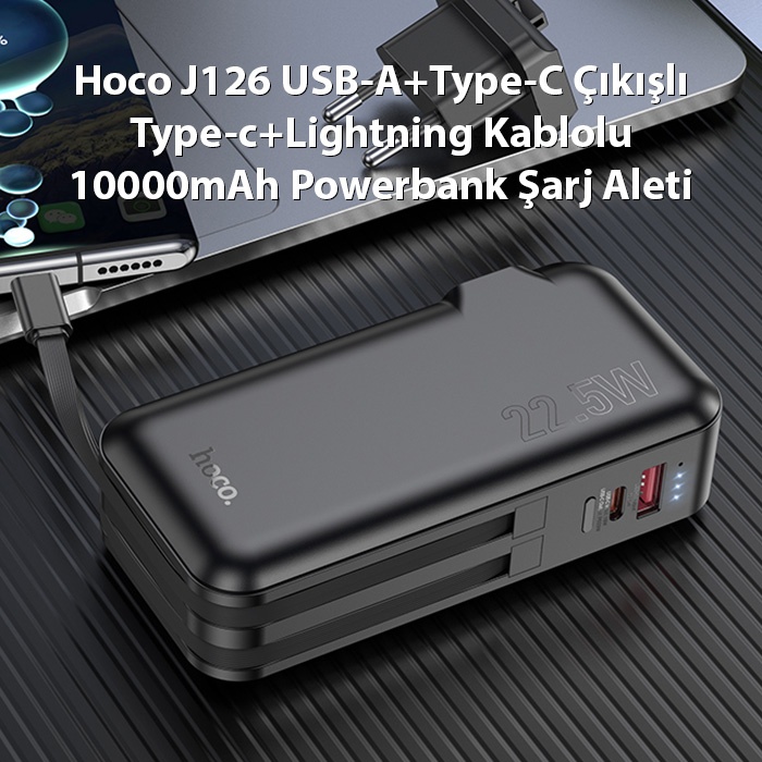 Hoco J126 USB-A+Type-C Çıkışlı Type-c+Lightning Kablolu 10000mAh Powerbank Şarj Aleti