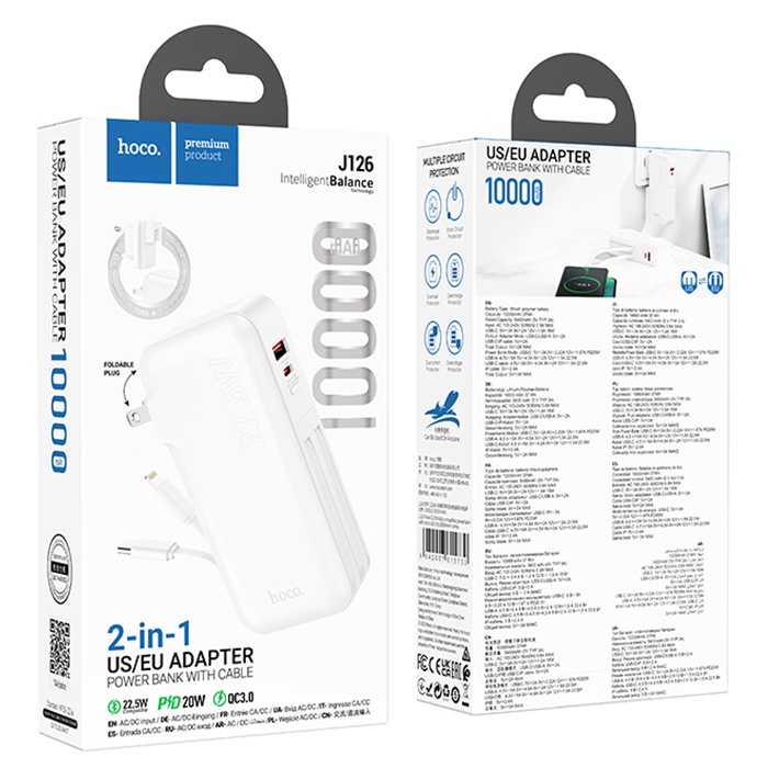 Hoco J126 USB-A+Type-C Çıkışlı Type-c+Lightning Kablolu 10000mAh Powerbank Şarj Aleti