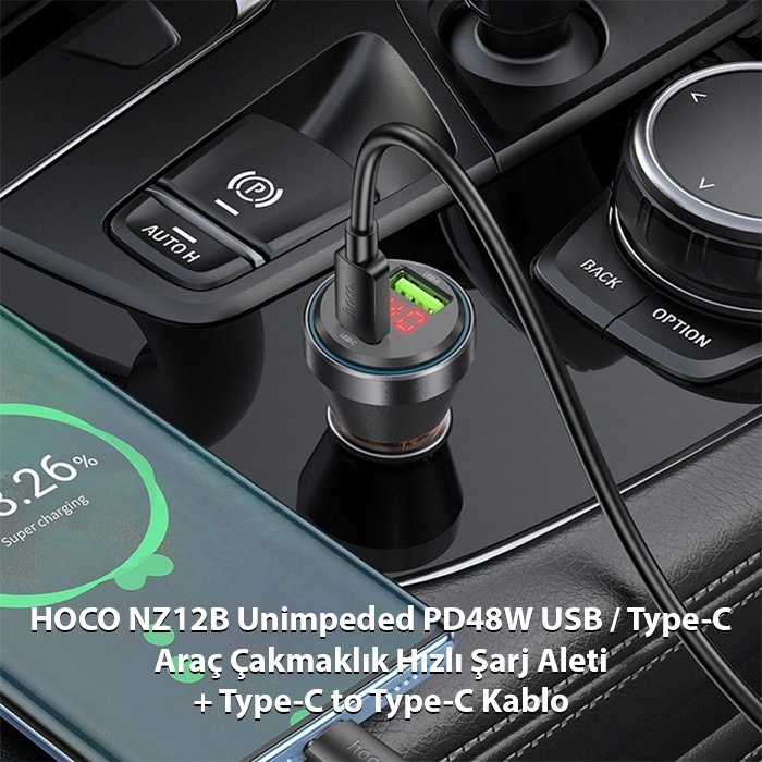 HOCO NZ12B Unimpeded PD48W USB + Type-C Araç Çakmaklı Hızlı Şarj Aleti + Type-C to Type-C Kablo