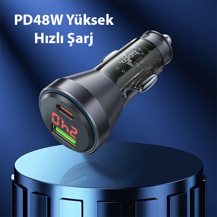 HOCO NZ12B Unimpeded PD48W USB + Type-C Araç Çakmaklı Hızlı Şarj Aleti + Type-C to iPhone Kablo