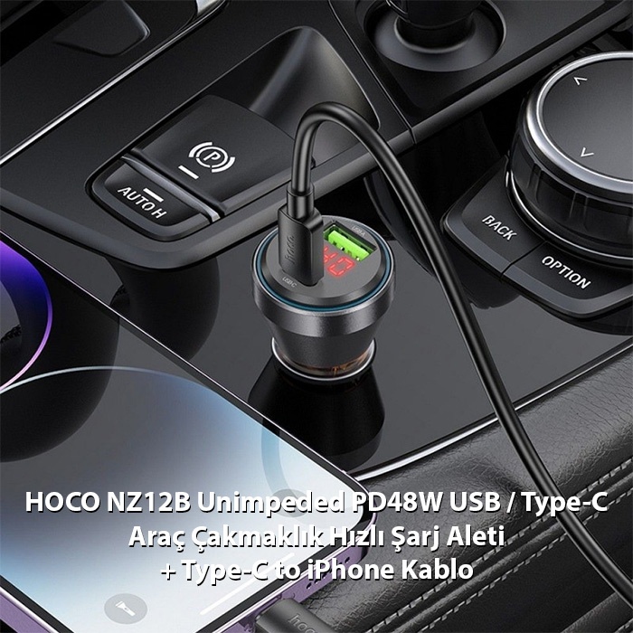 HOCO NZ12B Unimpeded PD48W USB + Type-C Araç Çakmaklı Hızlı Şarj Aleti + Type-C to iPhone Kablo