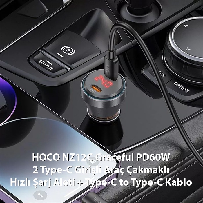 HOCO NZ12C Graceful PD60W 2 Type-C Girişli Araç Çakmaklık Hızlı Şarj Aleti + Type-C to Type-C Kablo