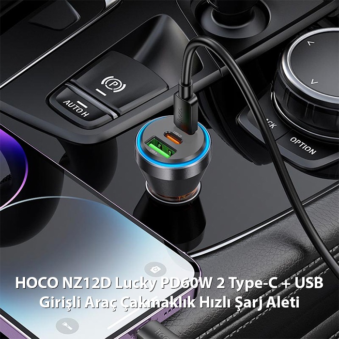 HOCO NZ12D Lucky PD60W 2 Type-C + USB Girişli Araç Çakmaklık Hızlı Şarj Aleti