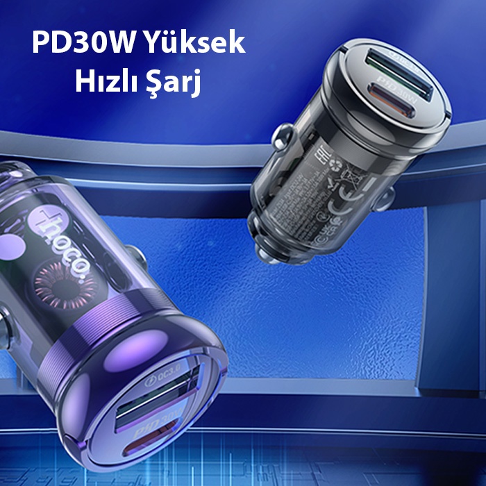 HOCO Z53A Vision PD30W Type-C + USB QC3.0 Girişli Araç Çakmaklık Hızlı Şarj Aleti