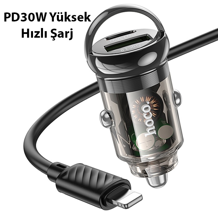 HOCO Z53A Vision PD30W Type-C + USB QC3.0 Girişli Araç Çakmaklık Hızlı Şarj Aleti + Type-C to iPhone
