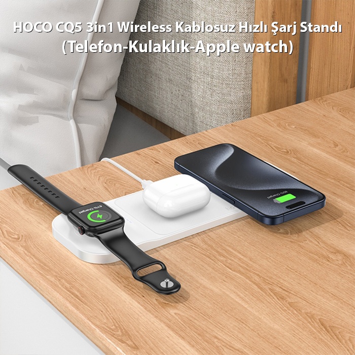 HOCO CQ5 3in1 Wireless Kablosuz Hızlı Şarj Standı (Telefon-Kulaklık-Apple watch)