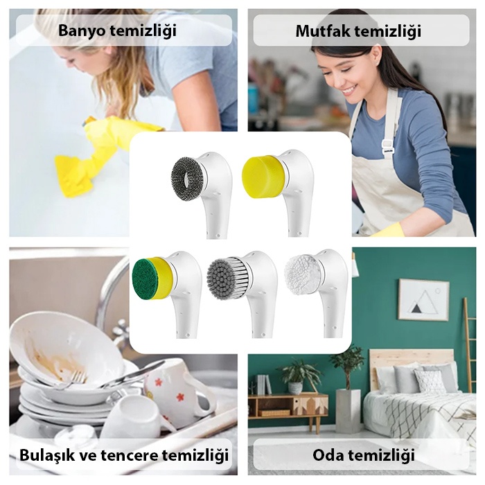 Ezere 5 Başlıklı Elektrikli Bulaşık, Küvet, Lavabo Ve Banyo Temizleme Fırçası