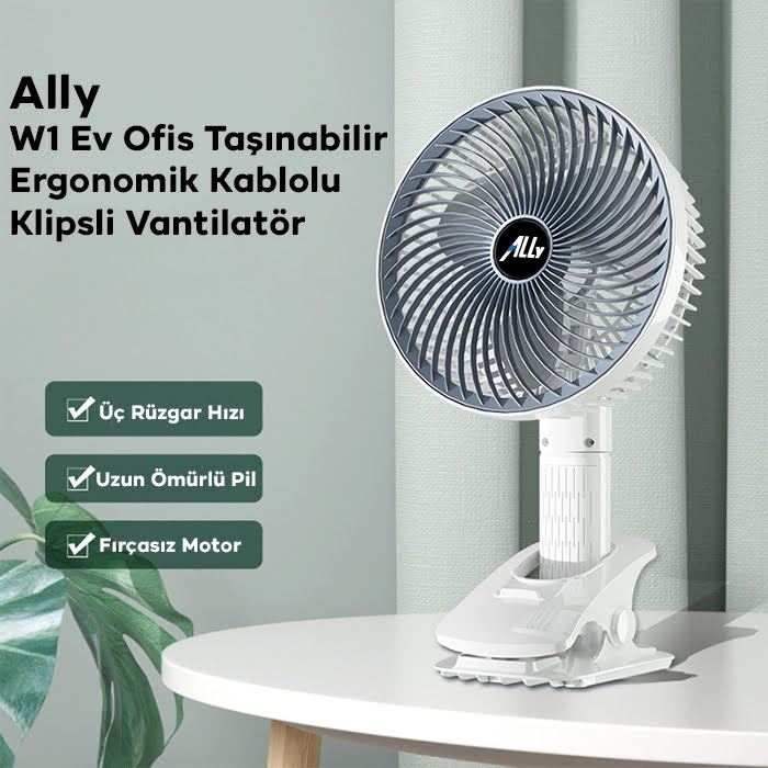 Ally W1  Ev Ofis Taşınabilir Ergonomik Kablolu Klipsli Vantilatör