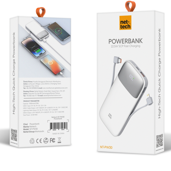 Nettech NT-PW30 SCP 22.5W 10000 MAh Taşınabilir Powerbank Beyaz