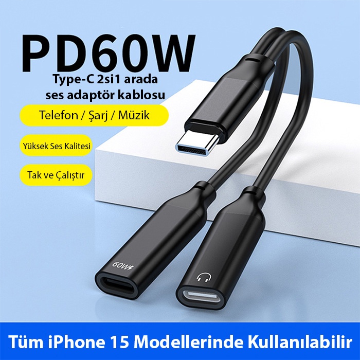 İphone 15 İçin Type-c Şarj + kulaklık 2İn1 Çevirici Adaptör 60W