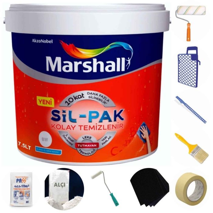 MARSHALL SİL-PAK 7.5LT=10KG-10 Kat Daha Fazla Silinebilir-Leke Tutmayan Teknoloji+9 Parça Boyacı Seti