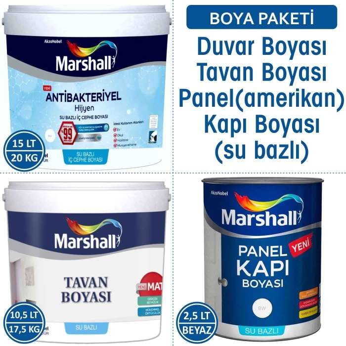 MARSHALL ANTİBAKTERİYEL HİJYEN İç Cephe Boyası 20KG+Tavan Boyası 17.5KG+Panel Kapı Boyası 3.5KG