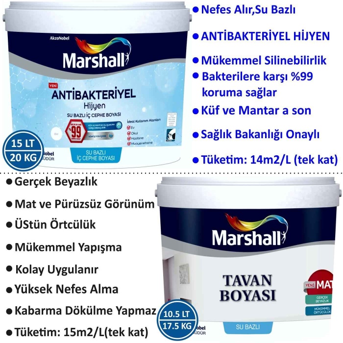 MARSHALL ANTİBAKTERİYEL HİJYEN İç Cephe Boyası 15LT=20KG+Marshall Tavan Boyası 10.5LT=17.5KG