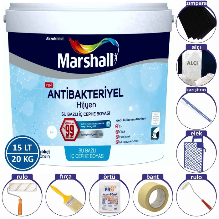 MARSHALL ANTİBAKTERİYEL HİJYEN Silinebilir İç Cephe Boyası 15LT=20KG+9 Parça Boyama Seti