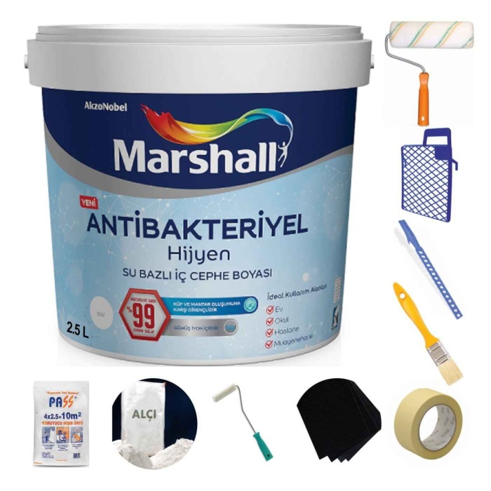 MARSHALL ANTİBAKTERİYEL HİJYEN Silinebilir İç Cephe Boyası 2.5LT=3.5KG+9 Parça Boyama Seti