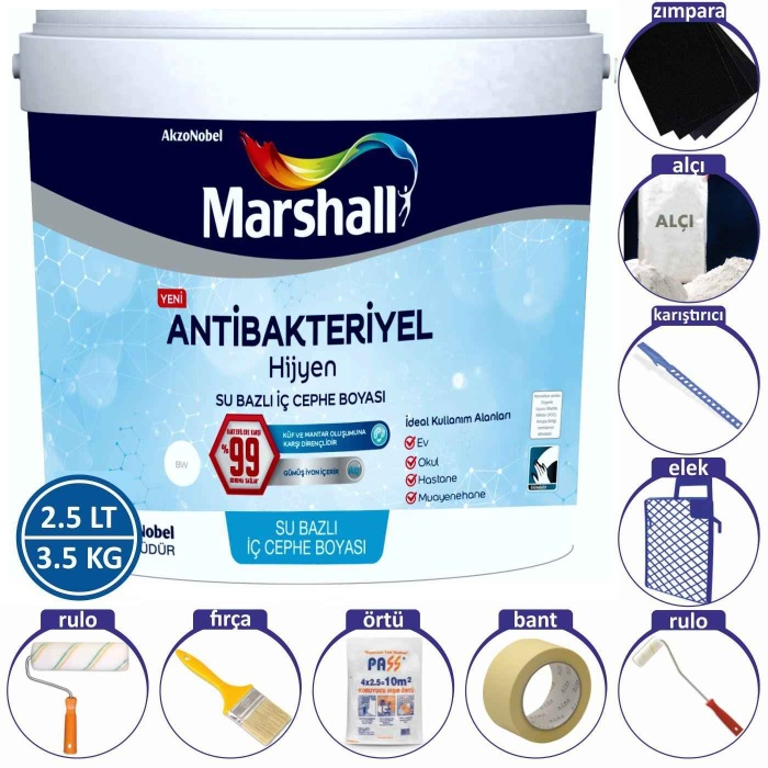 MARSHALL ANTİBAKTERİYEL HİJYEN Silinebilir İç Cephe Boyası 2.5LT=3.5KG+9 Parça Boyama Seti