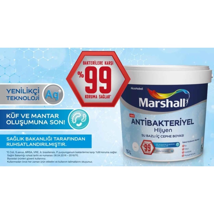 MARSHALL ANTİBAKTERİYEL HİJYEN İç Cephe Boyası 5LT=7KG+Tavan Boyası 2.1LT=3.5KG+9 Parça Boyama Seti