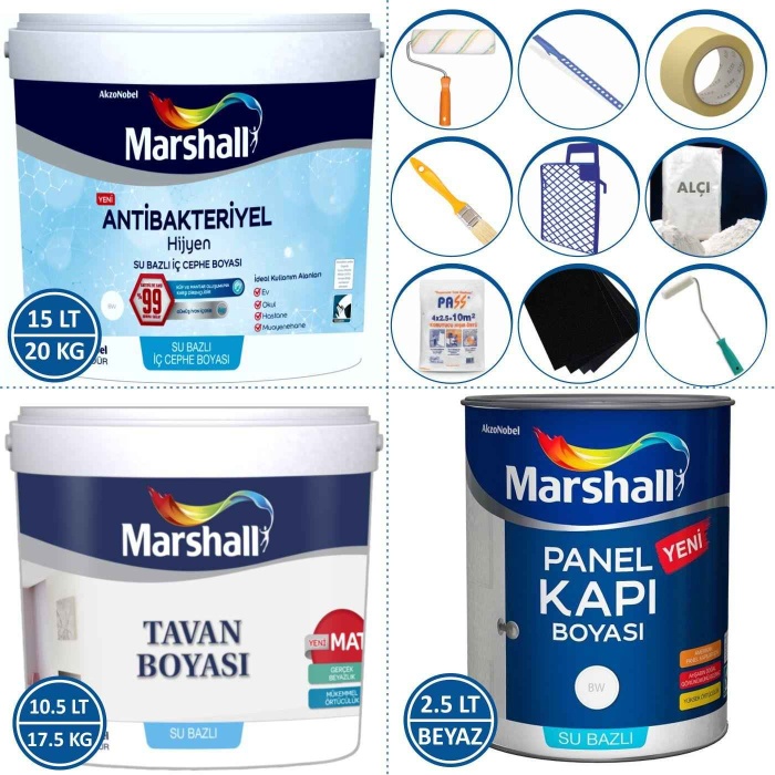 MARSHALL ANTİBAKTERİYEL HİJYEN İç Cephe Boyası 20KG+Tavan Boyası 17.5KG+Panel Kapı Boyası 3.5KG+Set