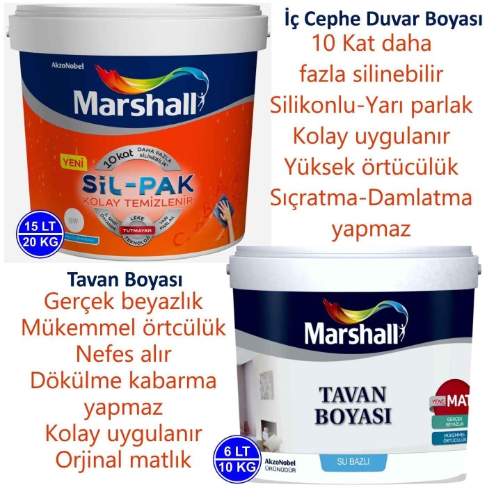 MARSHALL SİL-PAK 15LT=20KG-10 Kat Daha Fazla Silinebilir-Leke Tutmaz+Tavan Boyası 6LT=10KG