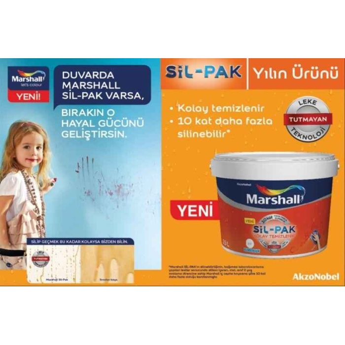 MARSHALL SİL-PAK 15LT=20KG-10 Kat Fazla Silinebilir+Tavan Boyası 10.5LT=17.5KG+9 Parça Boyacı Seti