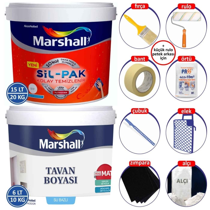 MARSHALL SİL-PAK 15LT=20KG-10 Kat Fazla Silinebilir+Tavan Boyası 6LT=10KG+9 Parça Boyacı Seti