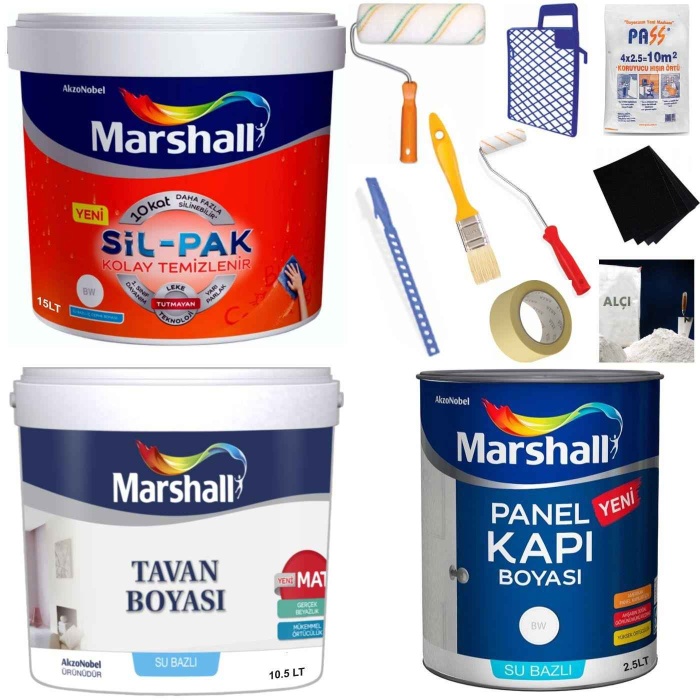 MARSHALL SİL-PAK 15LT=20KG-10 Kat Fazla Silinir+Tavan Boya 10.5LT=17.5KG+Panel Kapı Boyası 2.5LT+Set